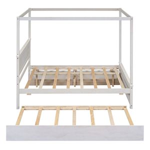 Letto a piattaforma matrimoniale in legno con baldacchino, letto estraibile e due cassetti, supporta doghe - non necessita di rete a molle, elegante finitura spazzolata - Product Image 4