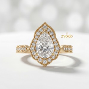 Bague de fiançailles en diamant taille poire de qualité supérieure, style vintage, sertie d'un halo, diamant de laboratoire, or massif 14 carats, cadeau de mariage pour femme - Product Image 4