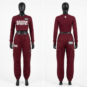 Women Long Sleeve Crop <b>Top</b> and Cargo Pant Set Premium 300 GSM Cotton Fleece <b>Maroon</b> Custom Outfit Women's Sets - Product Image 3
