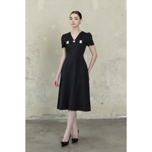 Elegante Vestido Midi Plisado con Manga con Volantes, Cuello Mandarín, Vestido de Oficina para Mujer, Corte en A, con Cinturón, Vestido Sólido 100% Algodón, Sencillo - Product Image 5