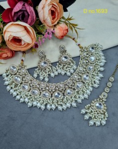 Handcrafted <b>Pearl</b> And Crystal Beaded Fringe Collar Necklace <b>Set</b> Tika & Earrings Antique Gold Plated Fashion <b>Jewellery</b> Wholesaler - Product Image 3