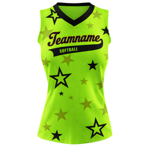 Camiseta de Softbol sin Mangas con Sublimación Completa, Estampado de Estrellas Verde Neón, Cuello en V, Uniforme Personalizado para Equipo con Número en la Espalda - Product Image 2