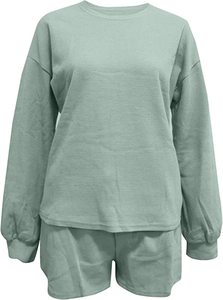 Ensemble décontracté d'été pour femme, t-shirt à manches longues et col rond uni, short respirant 100% coton, deux pièces - Product Image 3