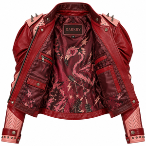 Red Pink <b>Women</b> Genuine Leather Jacket Graphic Printed Flamingo Motorcycle Biker <b>Outerwear</b> Made To Order Custom Oem Provider - Product Image 5