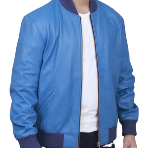 Veste bomber en cuir bleu véritable pour homme, personnalisée, style streetwear, broderie 3D, veste tendance - Product Image 2