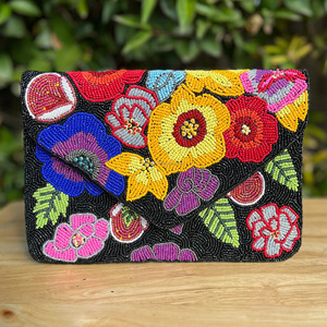 Bolso de Mano Tipo Sobre Multicolor Hecho a Mano, Completamente Adornado con Cuentas, de Seda, Plegable, Tamaño Personalizado, Base Negra, Duradero, Elegante, con Cierre Magnético, para Mujer - Product Image 4