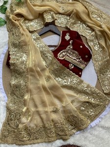 Very soft nd Elegant Rich look Fendy Sartin <b>saree</b> with beautiful embroidery 3 mm heavy sequence border buttis in all over <b>saree</b> - Product Image 1