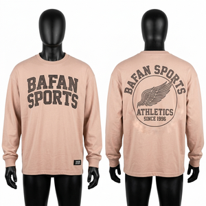 เสื้อยืดแขนยาวผู้ชายผ้าฝ้ายคุณภาพสูง 190 GSM สีเทา ปักโลโก้ ผ้าฝ้าย 100% ทรงหลวม พิมพ์ลาย - Product Image 6