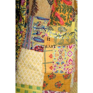 Vintage Silk/Cotton Patchwork Kantha Jacket Robe <b>Kimono</b> Handmade Block Print Summer Breathable Eco-Friendly Bridesmaid - Product Image 2
