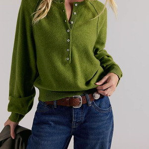 Lightweight Custom Henley Knitted Sweater Women Green Button Up Knit Sweater Full Sleeve Casual Autumn Solid Color 100% Acrylic - Product Image 1