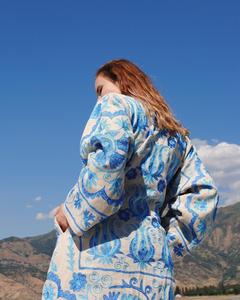 Sexy Blue White Natural Cotton Silk Suzani Embroidered <b>Women</b> Light Coat Kaftan <b>Wedding</b> Robe Boho Chic Beach <b>Jacket</b> - Product Image 3