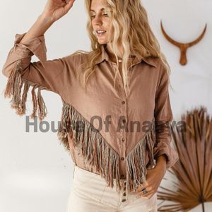 Camisa Boho de Lino Rosa Polvoriento para Mujer, Blusa Corta con Flecos, Estilo Vaquero Gitano, Top Orgánico, Top Bohemio para Mujer - Product Image 3