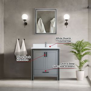 Mobile da Bagno Grigio Scuro 30 Pollici L X 22 Pollici Set rubinetteria D con piano in quarzo bianco, 28 pollici. Mobili da Bagno con Specchio - Product Image 5