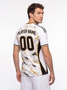 Maillot de football sublimé pour homme, col en V, manches courtes, anti-transpiration, coupe athlétique, imprimé camouflage blanc, noir, or - Product Image 6