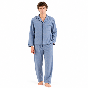 Ensemble de pyjama en rayonne imprimé pour homme, manches longues, boutonné, chaud pour l'hiver, avec pantalon assorti, bleu - Product Image 1