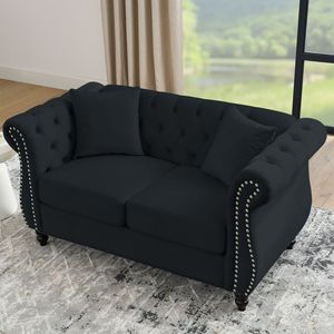 Divano Chesterfield a 2 Posti in Velluto Nero da 149 cm con Braccioli Arrotolati e Borchie Decorative per Soggiorno - Product Image 3