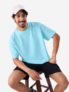 mens light blue sky blue plain solid blank relaxed oversized fit short sleeve <b>tshirt</b> crewneck basic tee top - Product Image 3
