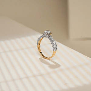 Elegant Yellow Gold Diamond Engagement Ring with Round Cut Center <b>Stone</b> and Pavé Diamond Band – Luxury Wedding Ring for Women - Product Image 1