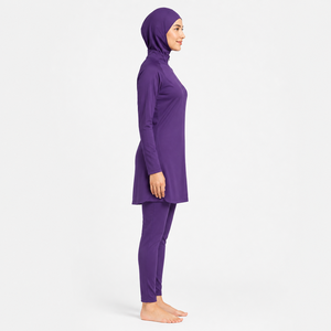 Traje de Baño Burkini Modesto para Mujer, Manga Larga, Cuello Alto, Color Morado Sólido, Secado Rápido, Spandex, Poliéster, Cobertura Completa - Product Image 2