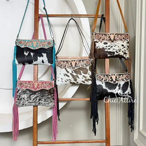 Factory Price 2026 Stylish Sling Hand Tooled Cowhide Leather Crossbody Fringe <b>Bag</b> Hair on Leather Shoulder <b>Bag</b> for Women's - Product Image 1