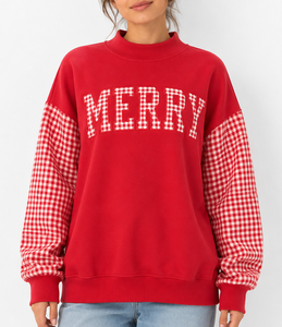 Sweat-shirt rouge à col rond pour femme, imprimé avec la lettre « MERRY », manches en gingham, en coton tricoté, sweat-shirt décontracté d'hiver - Product Image 4