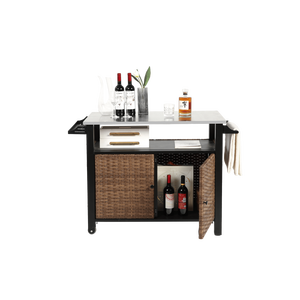 Mobiletto da Esterno per Cucina con Ruote in Acciaio Inossidabile, Carrello a Isola in Vimini con Piano Estensibile e Maniglia Laterale per un Trasporto Conveniente - Product Image 3