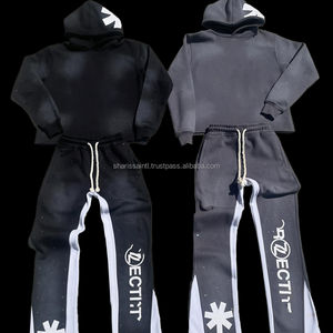 Parche bordado con apliques de letras personalizadas, apilados y pantalones acampanados jersey con capucha, chándal térmico para hombres - Product Image 1