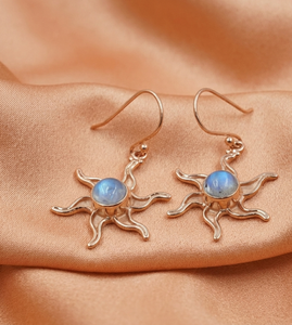 Boucles d'oreilles pendantes soleil en argent sterling 925 pur avec pierre de lune arc-en-ciel, plaquées or jaune et or rose, bijoux bohèmes célestes faits à la main pour elle - Product Image 5
