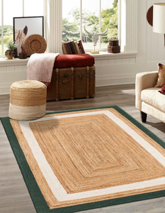Alfombra Rectangular Hecha a Mano de Yute Natural con Borde Verde y Blanco, Ecológica, para Sala de Estar Estilo Rústico - Product Image 1