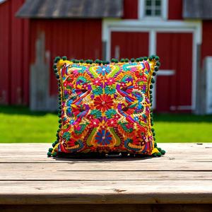 Colorful Mexican Embroidered Pillow <b>Cover</b> – Otomi Style Cushion, Floral <b>Throw</b> Pillow, Handmade Boho Decor, <b>Sofa</b> or Bed Accent - Product Image 1