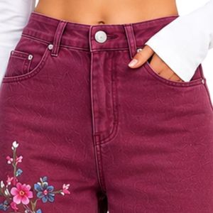 Jean large brodé floral bordeaux pour femme, taille haute, coupe ample, style vintage, décontracté, mode, vêtements personnalisés OEM ODM - Product Image 5