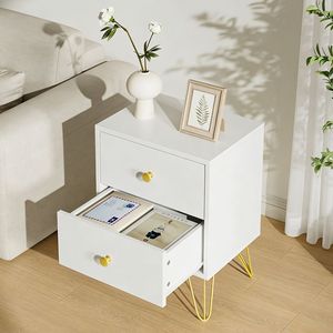 Modern 2-Drawer <b>Bedside</b> <b>Table</b> with Golden Legs <b>Minimalist</b> Wooden Nightstand for Bedroom Storage - Product Image 4