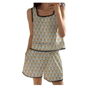 Ensemble pyjama sexy en coton rayé pour femme avec short et dentelle, motif floral sans manches, collection printemps/été, imprimé bloc, vente en gros - Product Image 3