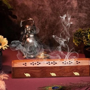 Santarms Wooden Agarbatti Stand Handmade <b>Incense</b> Holder <b>Box</b> with Brass Elephant Inlay & Ash Catcher Lid for Home Temple Office - Product Image 5