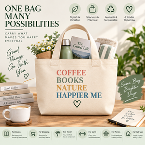 กระเป๋าผ้าแคนวาสลาย Coffee Books Nature Happier Me ขนาด 18 นิ้ว กระเป๋าช้อปปิ้งอเนกประสงค์ขนาดใหญ่ สไตล์มินิมอล - Product Image 5