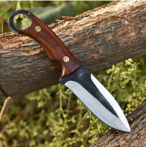 Cuchillo de Caza de Hoja Fija Hecho a Mano de Acero al Carbono con Punta Caída y Agujero para el Dedo, Mango de Palisandro, Funda de Cuero, Personalizable OEM/ODM, 8.5 pulgadas - Product Image 2