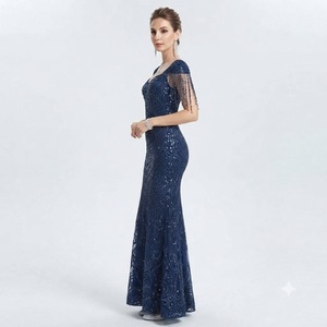 Blue Beaded Mermaid Dress Sleeveless V Neck <b>Floor</b> <b>Length</b> Formal <b>Gown</b> Sequin Party Dress for Wedding Gala - Product Image 1