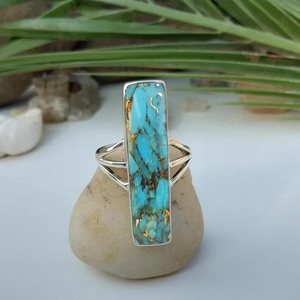 925 Sterling Silver Blue Copper Turquoise <b>Statement</b> <b>Ring</b> Handmade Rectangle Stone Jewelry Gift for Her - Product Image 3