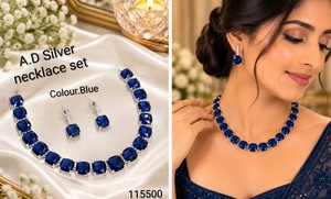 Cushion Cut Stone Link American Diamond <b>Necklace</b> <b>Set</b> With Matching <b>Earrings</b> Elegant <b>Silver</b> Plated Party Wear Jewelry Collections - Product Image 6