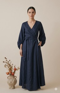 Vestido Maxi de Lino Personalizado para Mujer, Cuello en V, Manga Larga, Estilo Cruzado, Corte Regular, Transpirable, Uso Diario Informal, Estilo Vintage Natural - Product Image 6