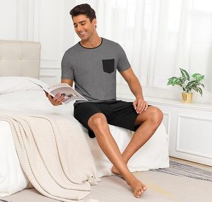 Ensemble de pyjama d'été pour homme, t-shirt gris à manches courtes avec poche, short noir, vêtements de nuit décontractés, vêtements de détente, coton respirant - Product Image 5