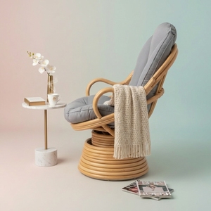 Chaise de salle à manger pivotante ergonomique en rotin, avec coussin confortable en polyester et dossier haut, fauteuil en osier fait main - Product Image 2