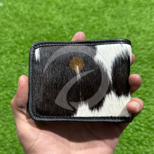Cartera de cuero de vaca hecha a mano con pelo, delgada, plegable, tarjetero, con costuras resistentes y duraderas - Product Image 1