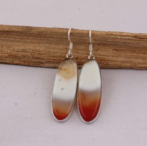 925 <b>Sterling</b> <b>Silver</b> Red and White Banded Agate <b>Earrings</b> Natural Gemstone Long Oval <b>Dangle</b> <b>Earrings</b> Handmade Jewelry Wholesaler - Product Image 2