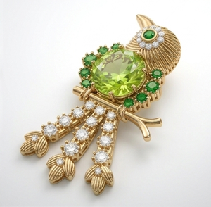 Broche et pendentif de luxe en or 14 carats plaqué rhodium, design oiseau, diamants de laboratoire, pierre précieuse verte pour femmes |   Bijoux fins de créateur - Product Image 1