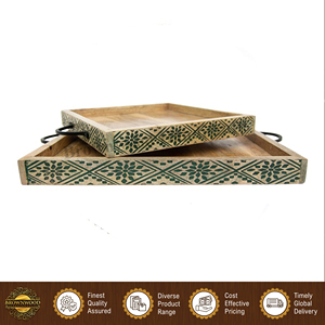 Ensemble de 2 plateaux de service en bois de manguier avec poignées en métal, plateaux en bois sculptés, plateaux décoratifs en bois pour la maison et les restaurants, plateaux de service pour aliments - Product Image 6
