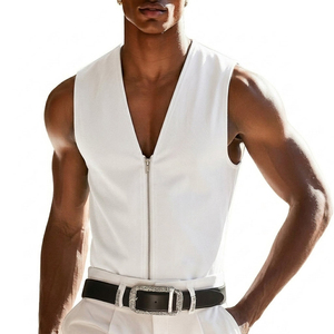 Men's Streetwear Fashion Full Zip Tank Top Sleeveless V Neck Stylish Casual Wear Wholesale Custom <b>Logo</b> Design Tank Tops For Men - Product Image 4