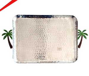Plateau de service moderne en métal martelé argenté de qualité supérieure, écologique, avec poignée en forme de branche dorée, idéal pour le Ramadan, les mariages, les aliments et les collations - Product Image 4