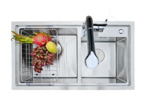 SUNMORE SM-8245 G Évier double en acier inoxydable 304, montage supérieur, fait main, finition satinée brossée, deux trous pour - Product Image 4