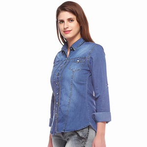 Camisa vaquera para mujer con cuello vuelto, manga tres cuartos, color liso, top informal con bolsillos, ropa de primavera - Product Image 1